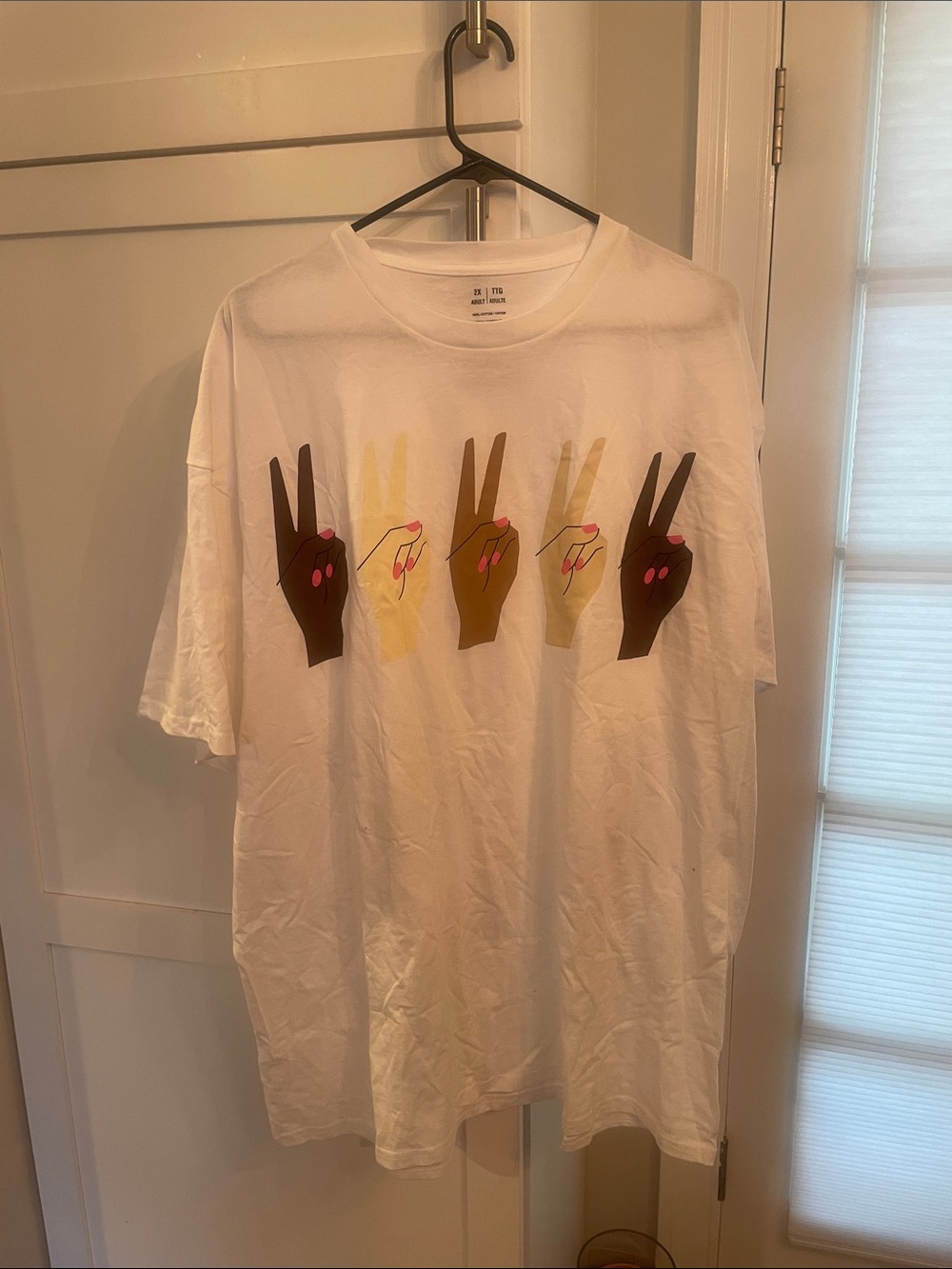 Michaels White Short Sleeve Tee with Multicolor Peace Hand Graphic